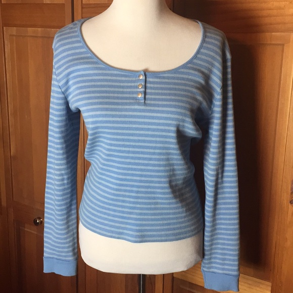 RALPH LAUREN Size LARGE Pullover Henley Dual-Blue Striped Ribbed Cotton $125 NEW - Picture 1 of 8